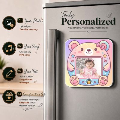 Personalized Cute Bear Musical Fridge Magnet with Speaker  Baby Photo Frame Magnet for Refrigerator  Audio Playback Sound Playing Gift for Kids, Family, Birthday
